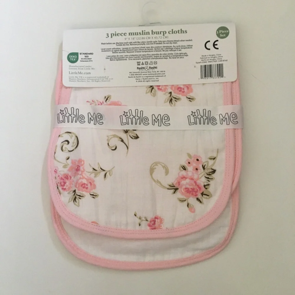 Little Me Pink Floral 3-Piece Muslin Burp Cloth Set